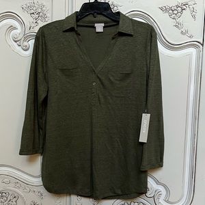 NWT Women's Chico's - olive green, V neck with collar,  3/4 sleeve  - Size 0